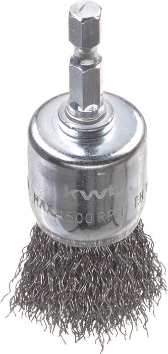 Wire brush attachment for drill machines with metal sleeve and bristles, suitable for cleaning surfaces or removing rust.