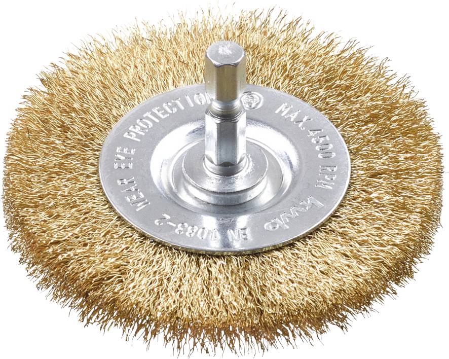 Brass wire brush with circular bristles and metal handle, suitable for removing rust and paint from metal surfaces.