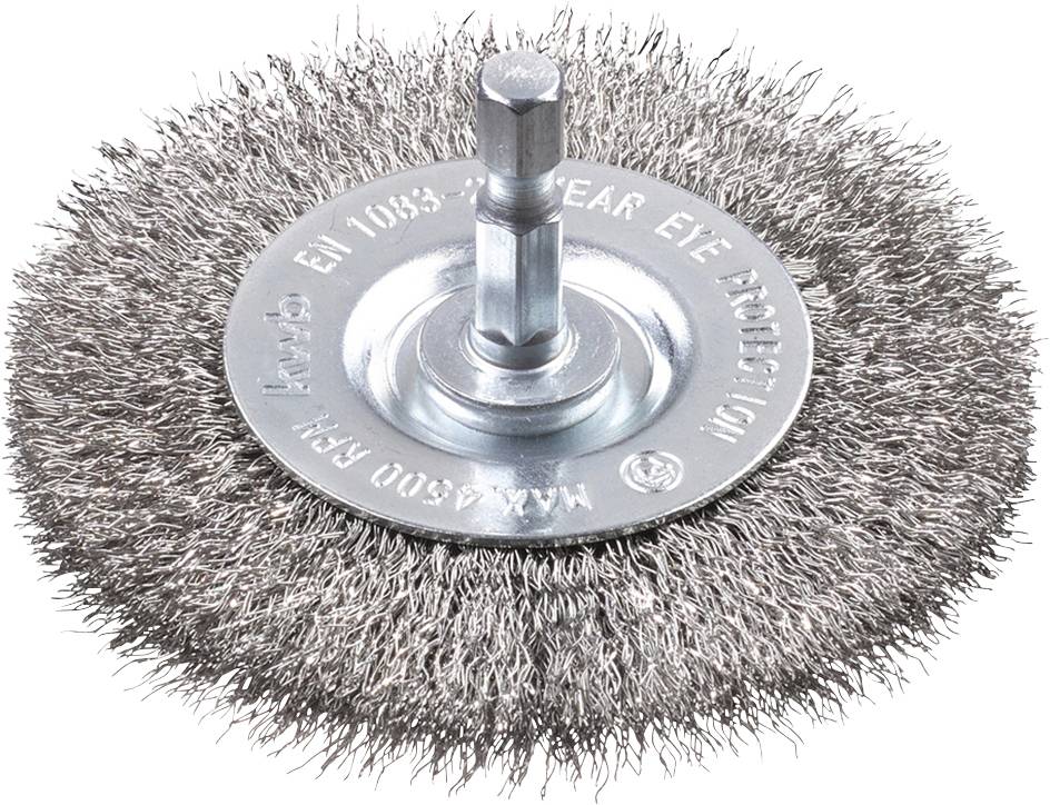 Wire brush with a round metal head and densely packed bristles, suitable for surface cleaning and preparation.