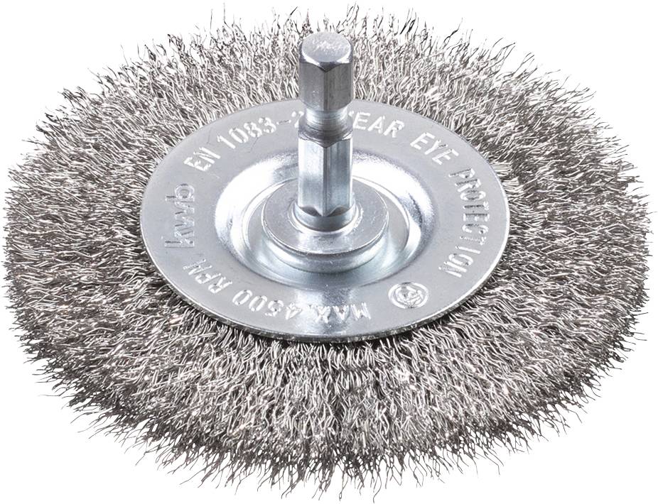 A round wire brush with a metal shaft, suitable for use with a drill, designed for removing rust or paint.