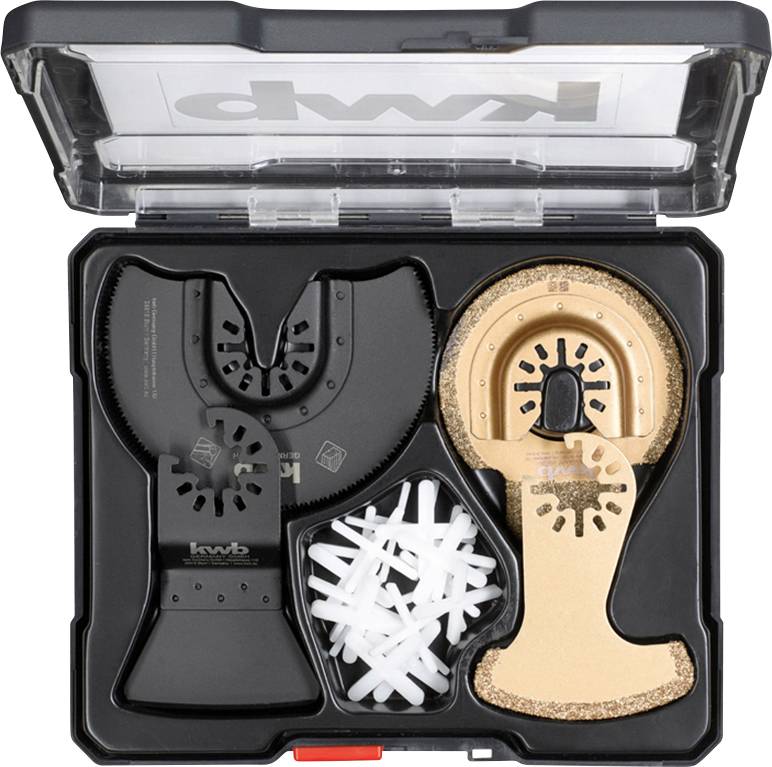 Tool kit with various blades and accessory parts for multi-purpose tools, including cutting disc and grinding disc.