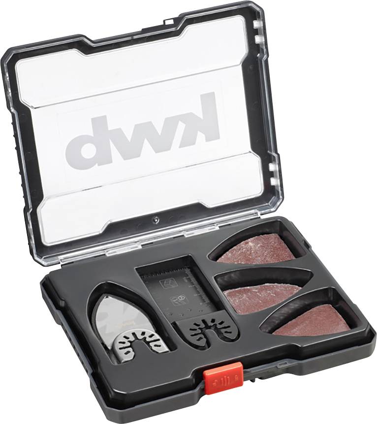 Open black plastic box with a transparent lid. Inside are saw blades and sandpaper, all neatly arranged in compartments.