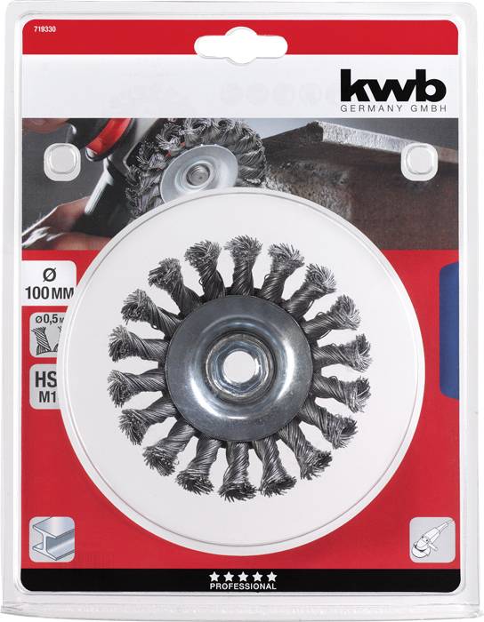 Steel wire brush attachment by KWB, 100 mm diameter, in plastic packaging. Suitable for removing rust and cleaning metal surfaces.