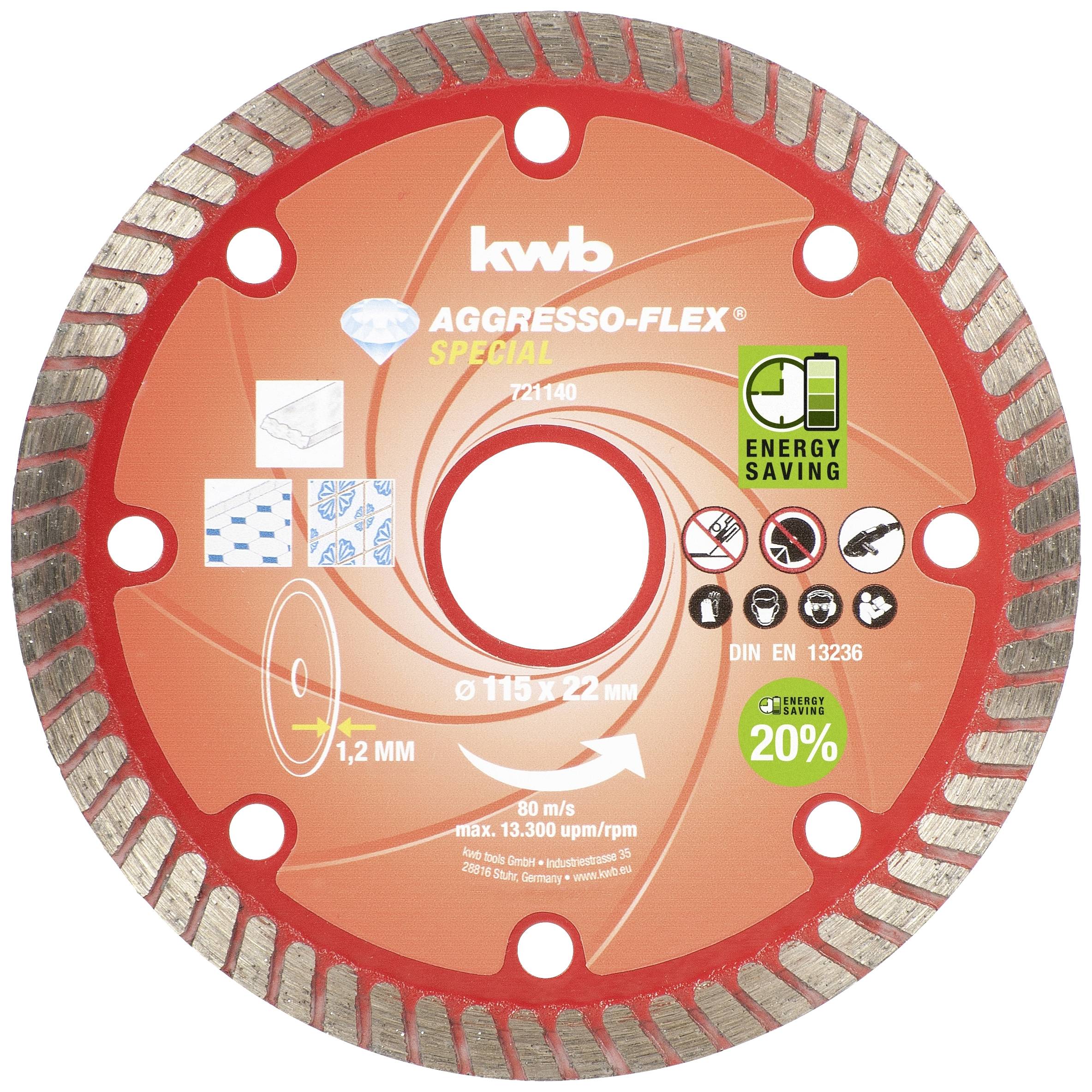 Red diamond cutting disc with inscription 'AGGRESSO-FLEX SPECIAL' for concrete and granite. Diameter: 115 mm, thickness: 1.2 mm.