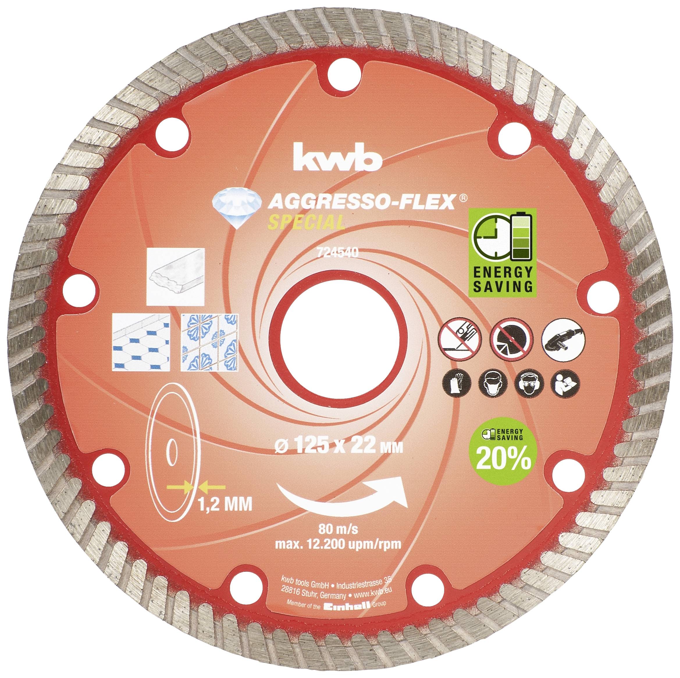 Round cutting disc with the inscription 'AGGRESSO-FLEX Special' and 'Energy Saving'. 125 mm diameter, suitable for tile cutting.