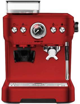 Red espresso machine with pressure gauge, steam wand and portafilter. Bean container on top, control knob on the right.