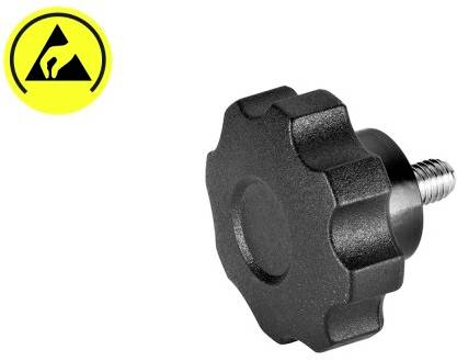 Black rotary knob with metal threading, with a yellow sign next to it displaying an ESD symbol warning of electrostatic discharge.