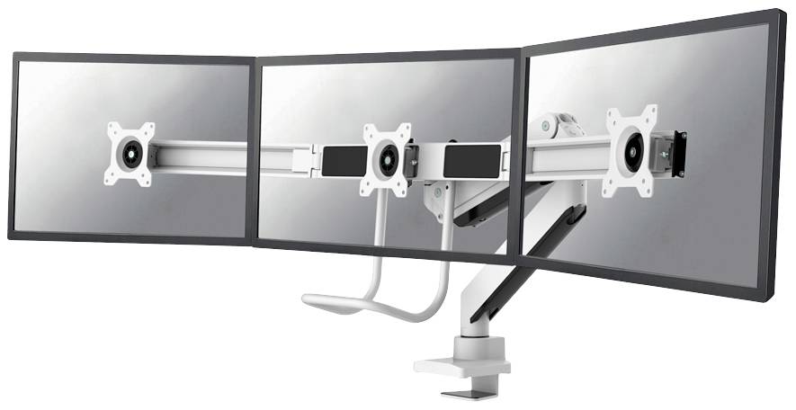 Three connected monitors on an adjustable mount, positioned side by side, for an extended screen view.
