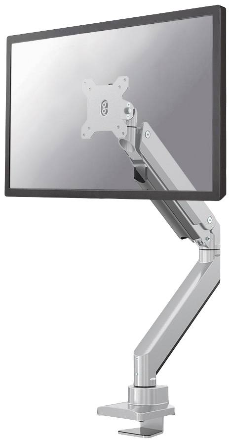 Aluminium monitor mount with adjustable arm, suitable for desk mounting. Displays a flexible jointed arm, ideal for ergonomic monitor positioning.