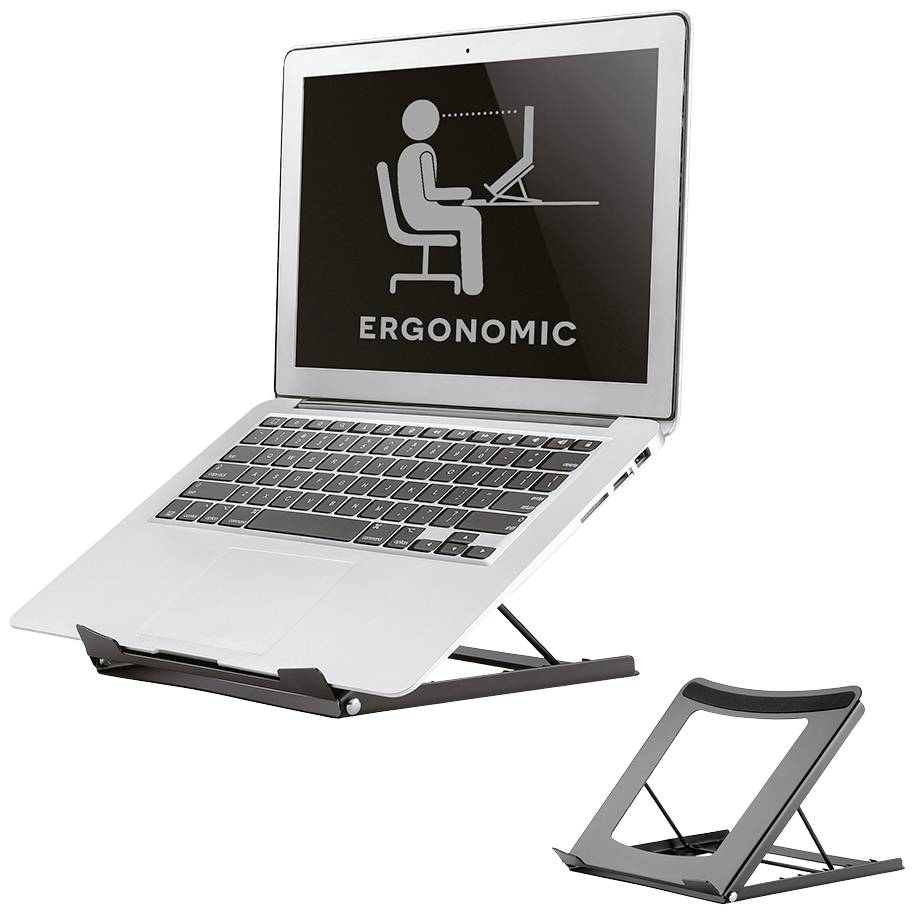 A laptop on a stand with the word 'ERGONOMIC' displayed on the screen and a pictogram of a person at a desk.