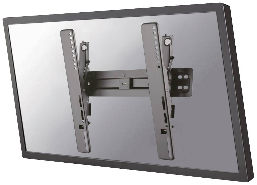 Wall mount for flat screen, tilting, black, medium size. Ideal for mounting televisions or monitors on the wall.