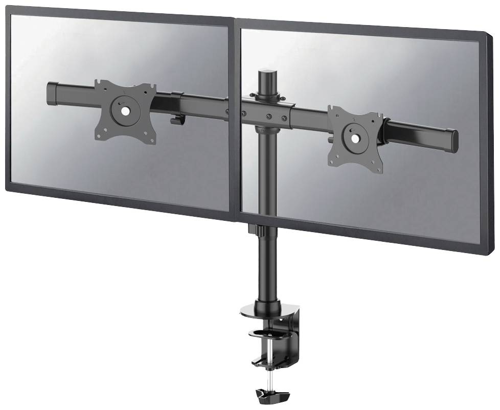 Two monitor mounts on a vertical pole, mountable on a desk. Suitable for simultaneous use of two screens.
