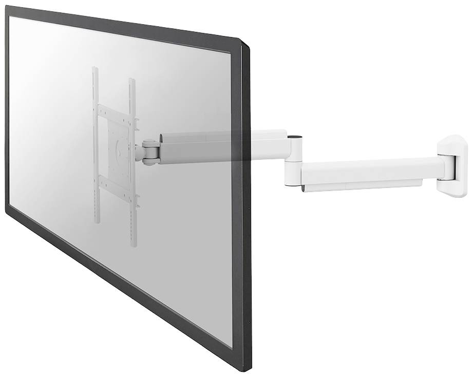 A flat screen mounted on a white, adjustable wall arm demonstrates a flexible mounting solution for monitors.