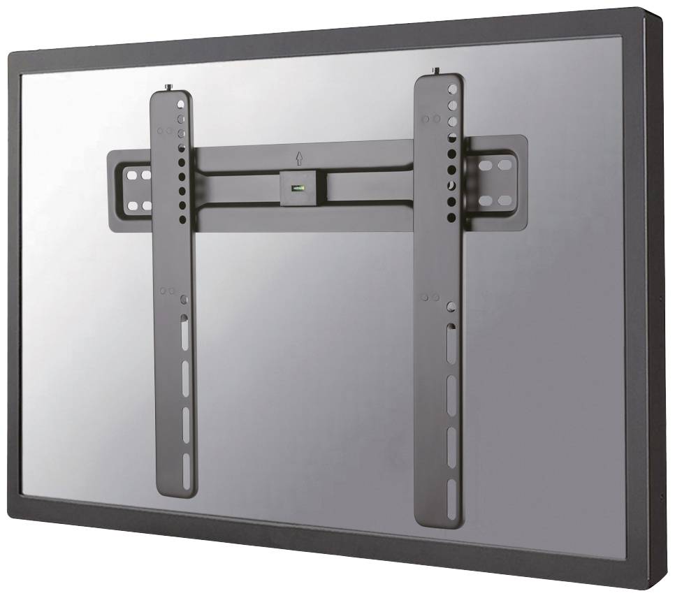 A black TV wall mount with adjustable mounting arms, mounted on a large screen.