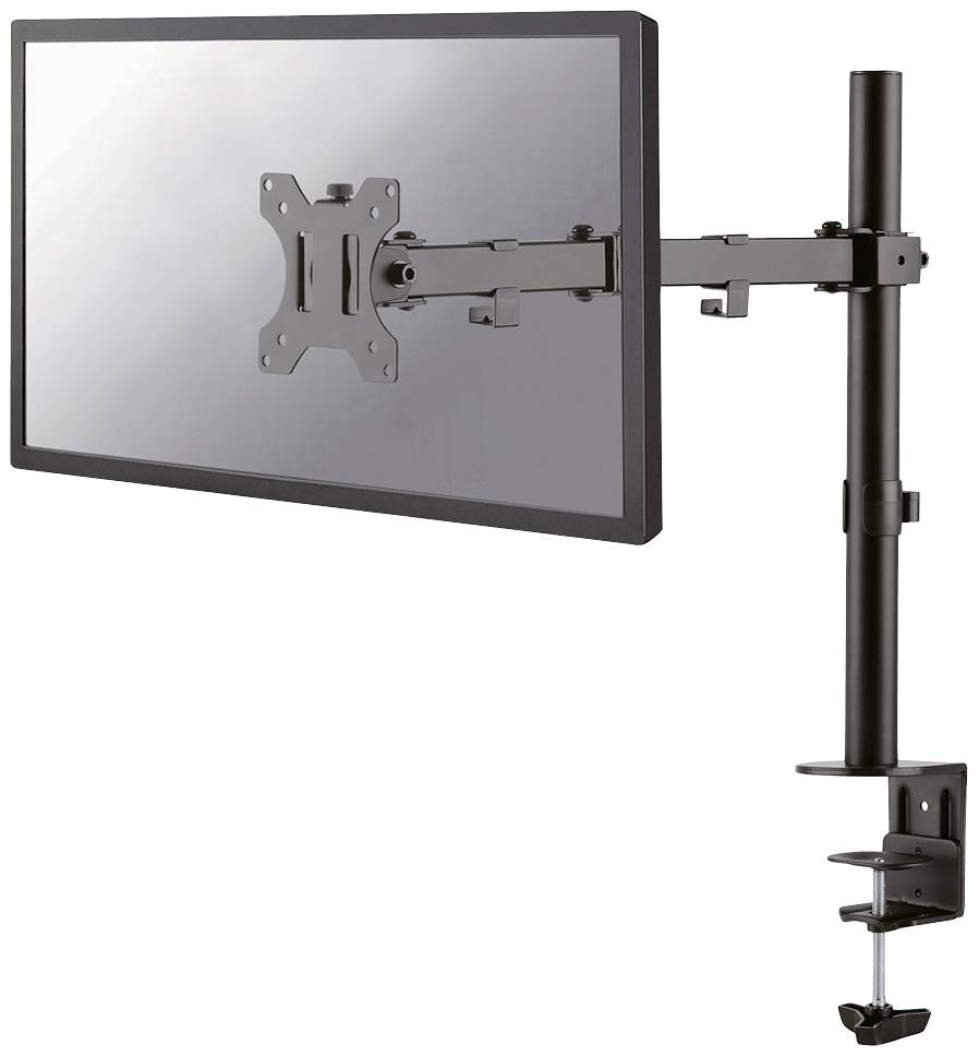A monitor arm with a clamp for attaching to a desk displays a screen in a horizontal orientation.