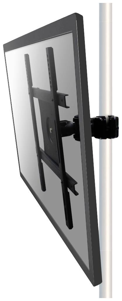 Flat-screen TV mounted on an adjustable wall bracket, showing a side view to illustrate the mounting mechanism.