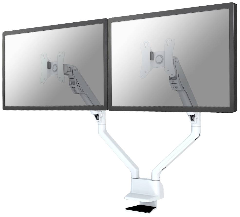 Two monitors mounted on a white, double-arm stand.