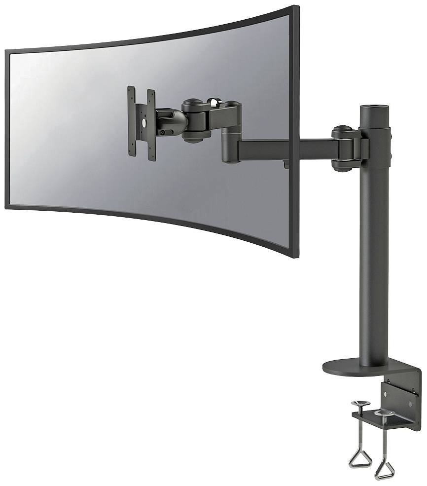 A curved black monitor arm for mounting on a desk, suitable for flexible positioning of a screen.