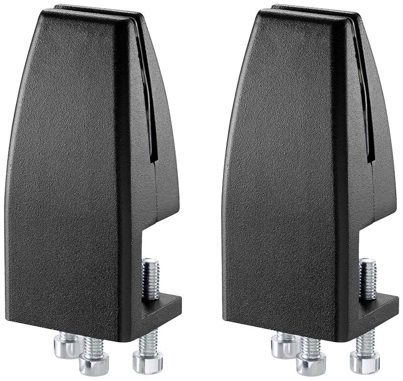 Two black metal brackets with screws, standing side by side, on a white background. Suitable for mounting on surfaces.
