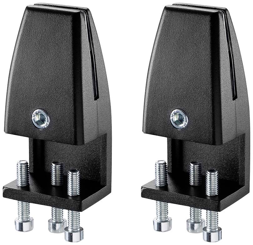 Two black metal clamps with screws that can be used as mountings for glass plates or similar applications.