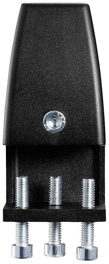 A black clamp with three silver screws that can be used for fixing.