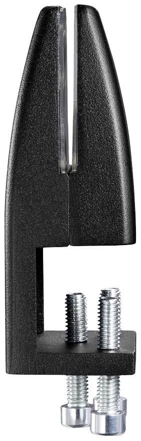 A black bracket with two fixing screws. The bracket has a slot and is manufactured from metal.