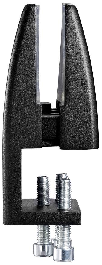 A black bracket with two screws for mounting, suitable for attaching to surfaces. Brand name on the metal base.