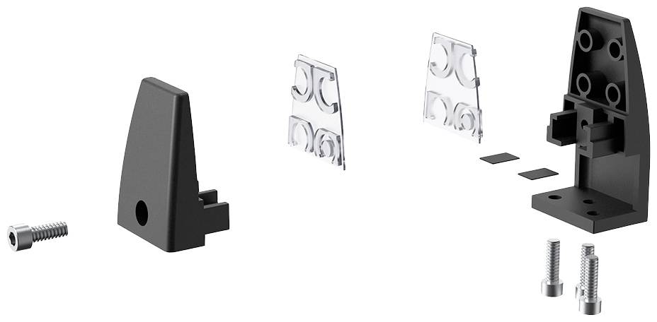 Exploded view diagram of a fixing set with screws, brackets and spacers. Shows the sequence of assembly of the parts.