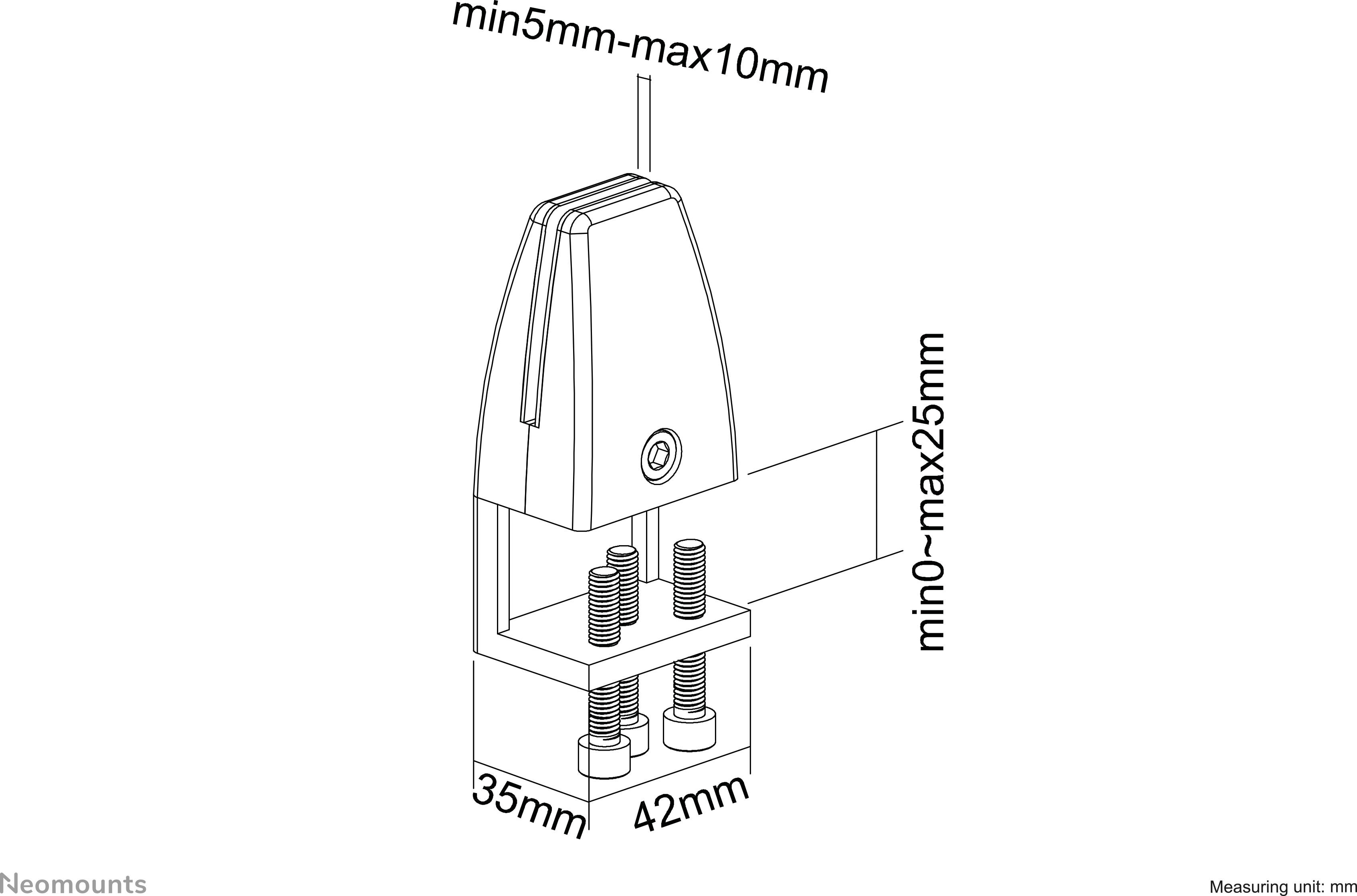 Diagram of a table top holder with dimensions: min 5mm-max 10mm thickness and min 0-max 25mm height. Base width 35mm and 42mm.