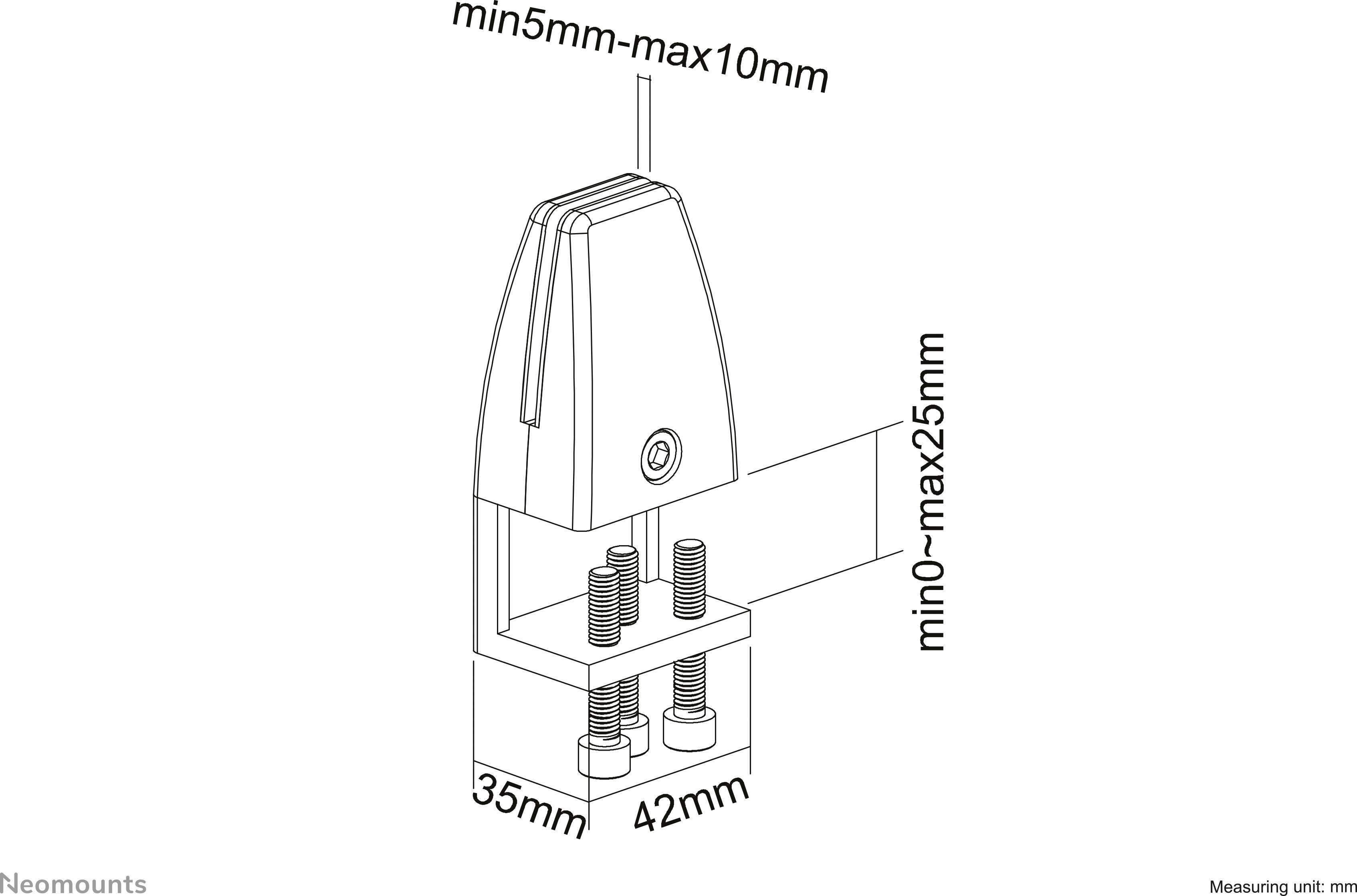 Display Mounting Bracket, Dimensions: Width 35mm, Depth 42mm, Clamping Thickness: 5-10mm, Height: 0-25mm. Suitable for desk mounting.