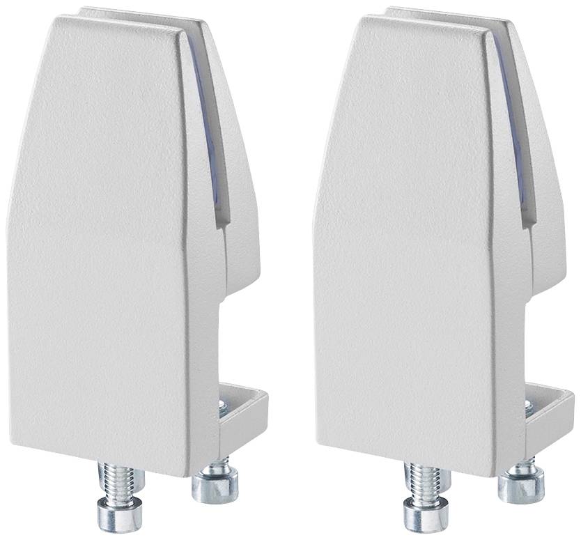 Two grey metal clamps with screws, used for securing plates or panels in furniture or structures.