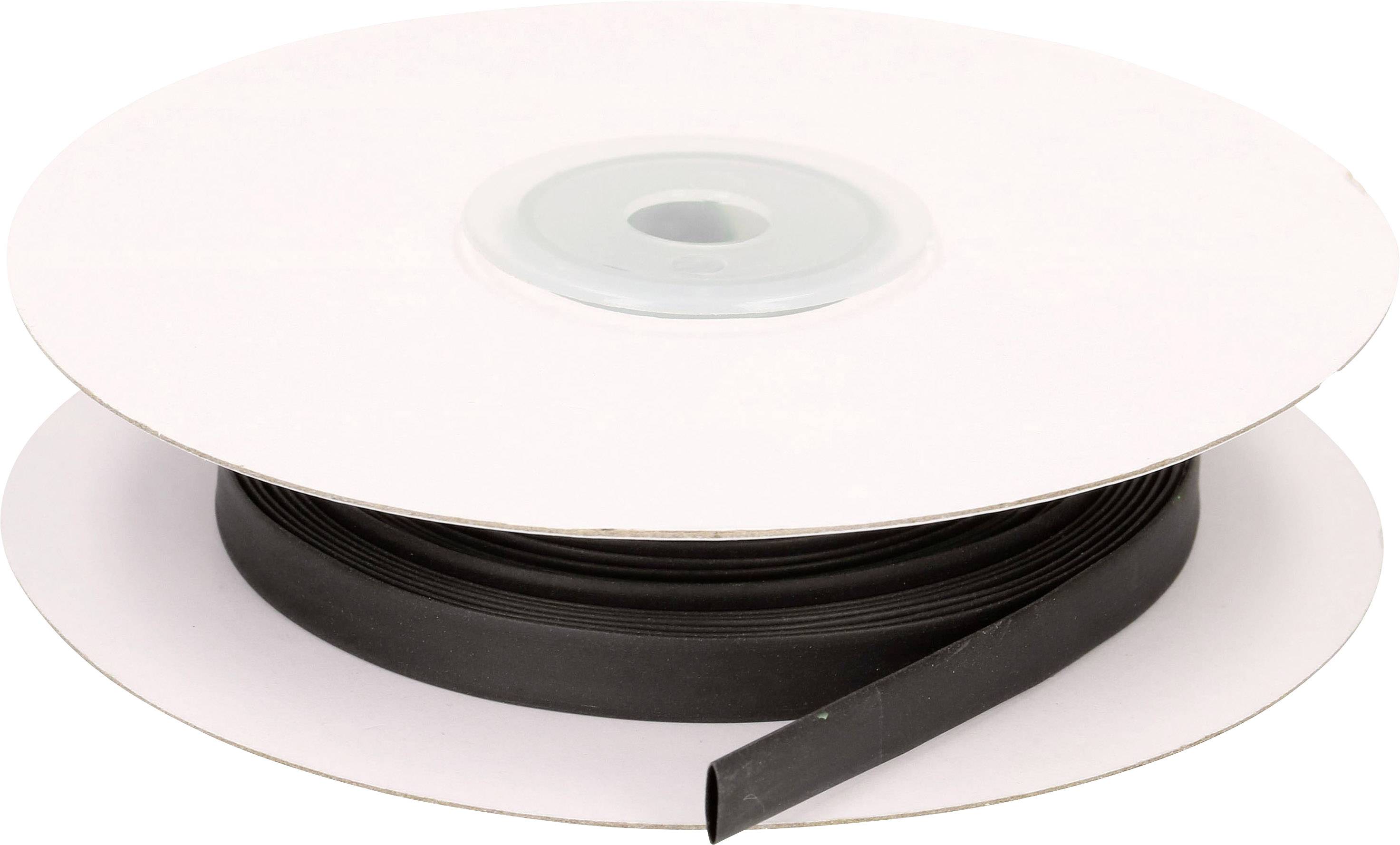 A large reel with a black ribbon, wound flat on a white spool. Ideal for packaging or cable management.
