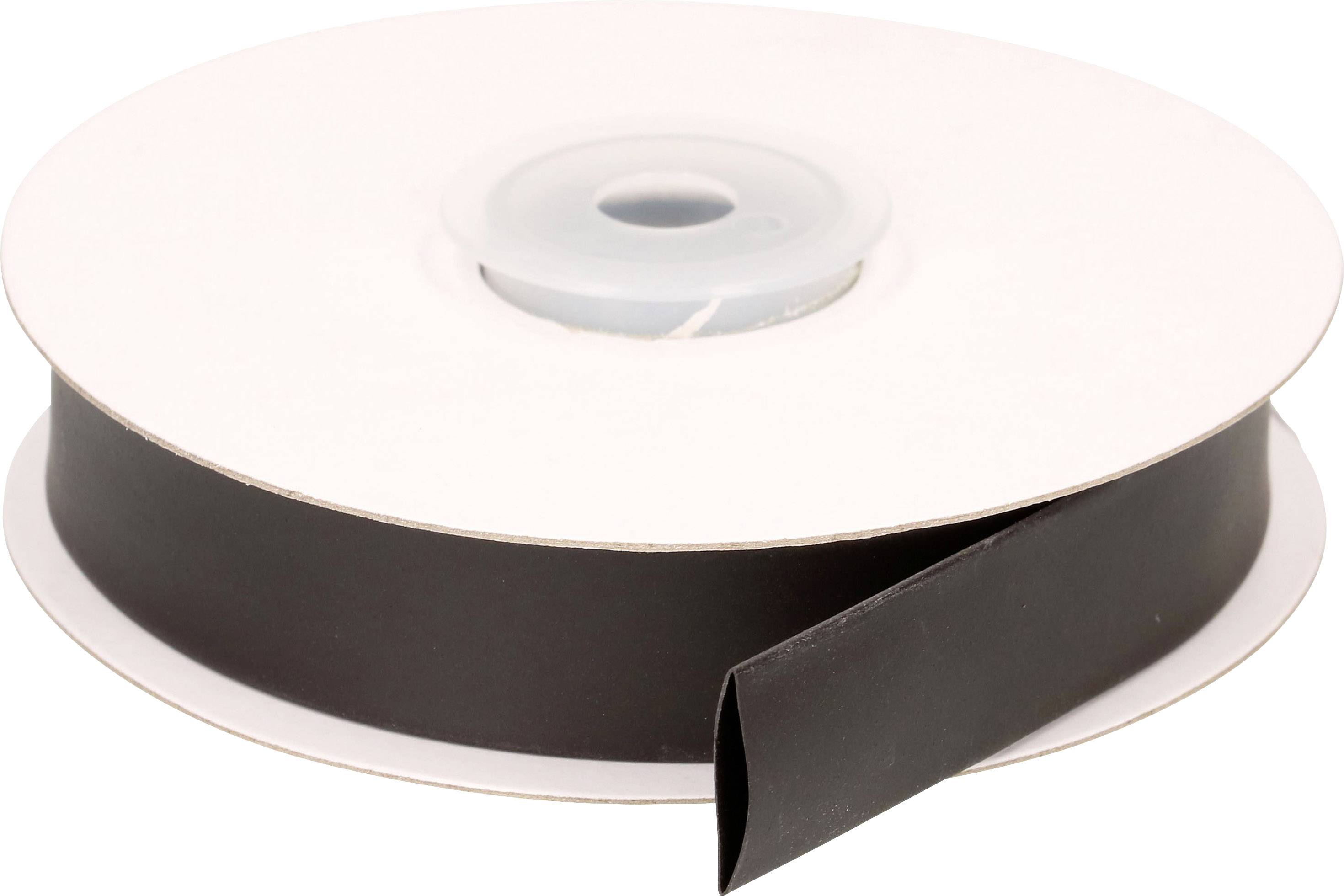 A roll of black magnetic tape wound onto a white reel, ready for use for fastening purposes.