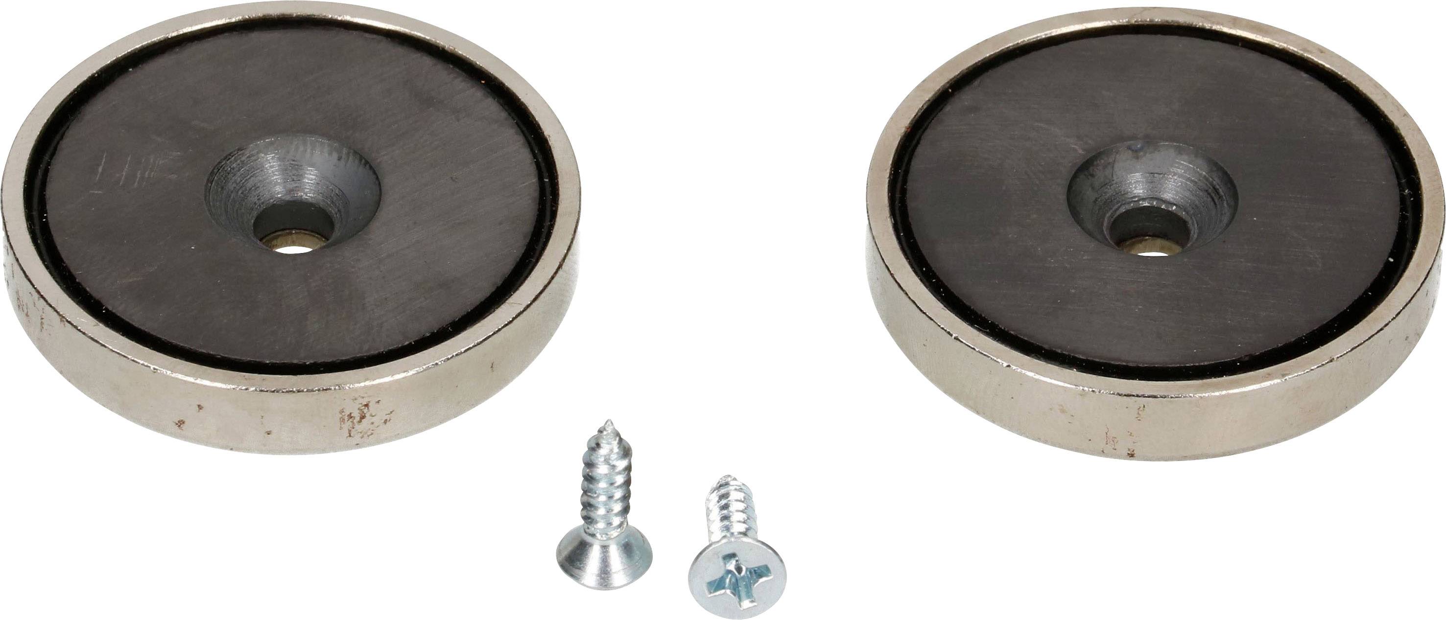 Two round magnets and two screws against a white background.