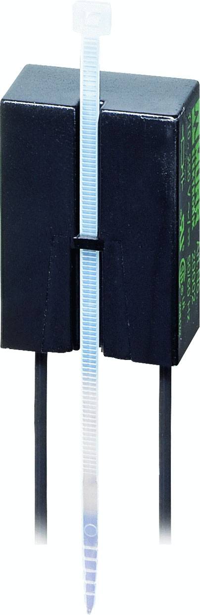 Black electrical capacitor with two outgoing wires, held by a white cable tie.
