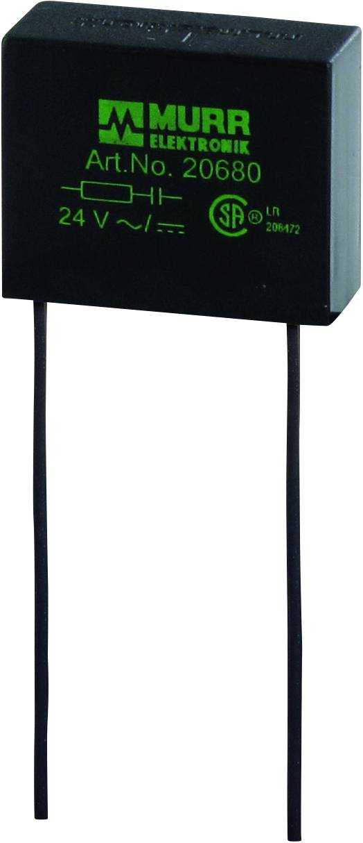 Black electronic component from Murr Elektronik with the inscription 'Art.No. 20680, 24 V', two outgoing wires, shows electrical symbols.