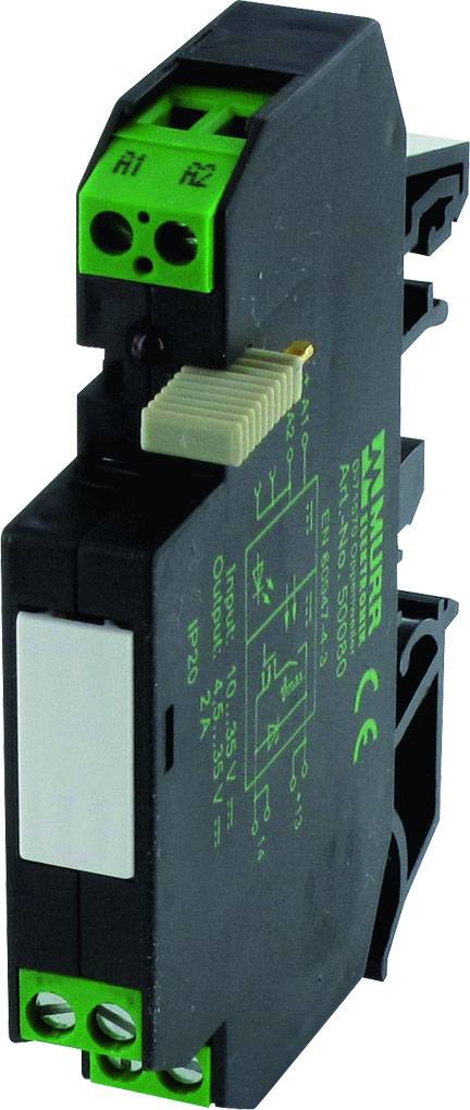 Electronic relay with a black casing and green terminals. It is used for controlling electrical circuits.
