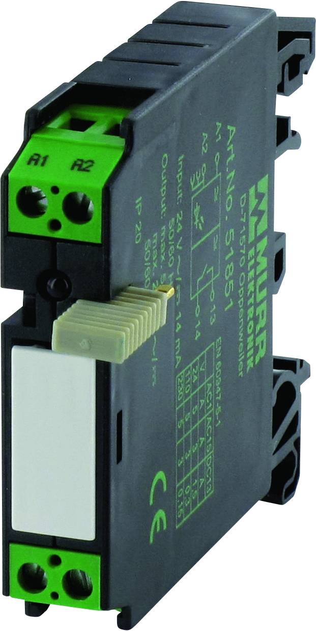 Relay module with a green and black housing, connections on the top side, and technical labelling on the front side.