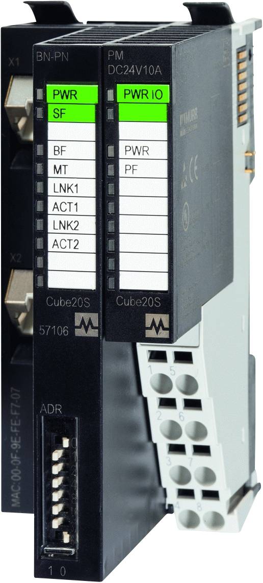 A controller module with status LEDs on the front panel. Connection sockets are visible on the left. The main colours are black and white.