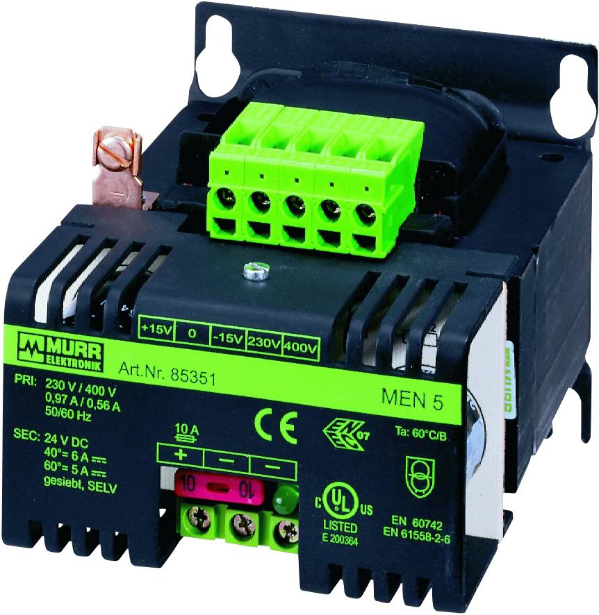 Murrelektronik transformer with technical specifications and connection terminals, suitable for 230 V/400 V and 24 V DC output.