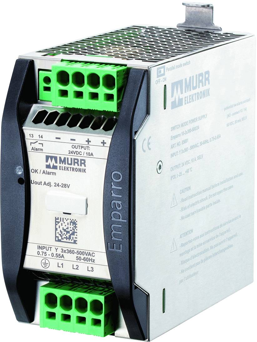 Power supply by Murrelektronik 'Emparro', 20-28V/20A. Metal enclosure with green-black connections, suitable for industrial applications.