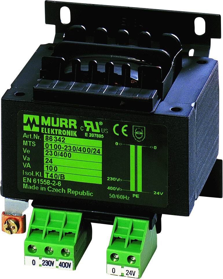 A transformer from Murr Elektronik, Type 86342; Switches between 230V/400V and 24V; Ideal for industrial applications.