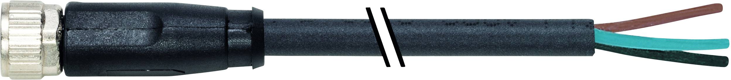 Black electric cable with three protruding, coloured wires: brown, blue and green. Cable end is cut.
