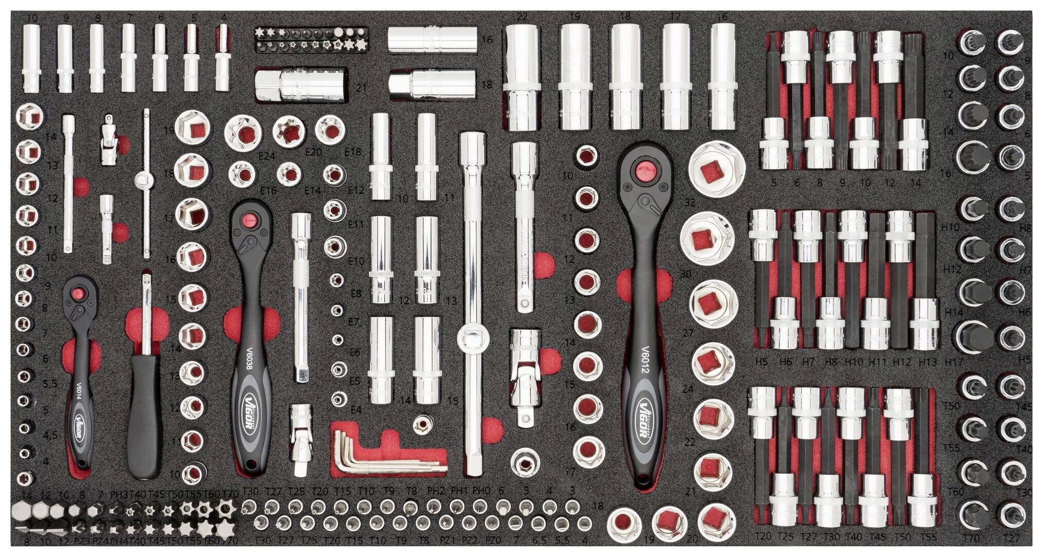 Foam insert with sorted spanners, socket wrenches, extensions and accessories.