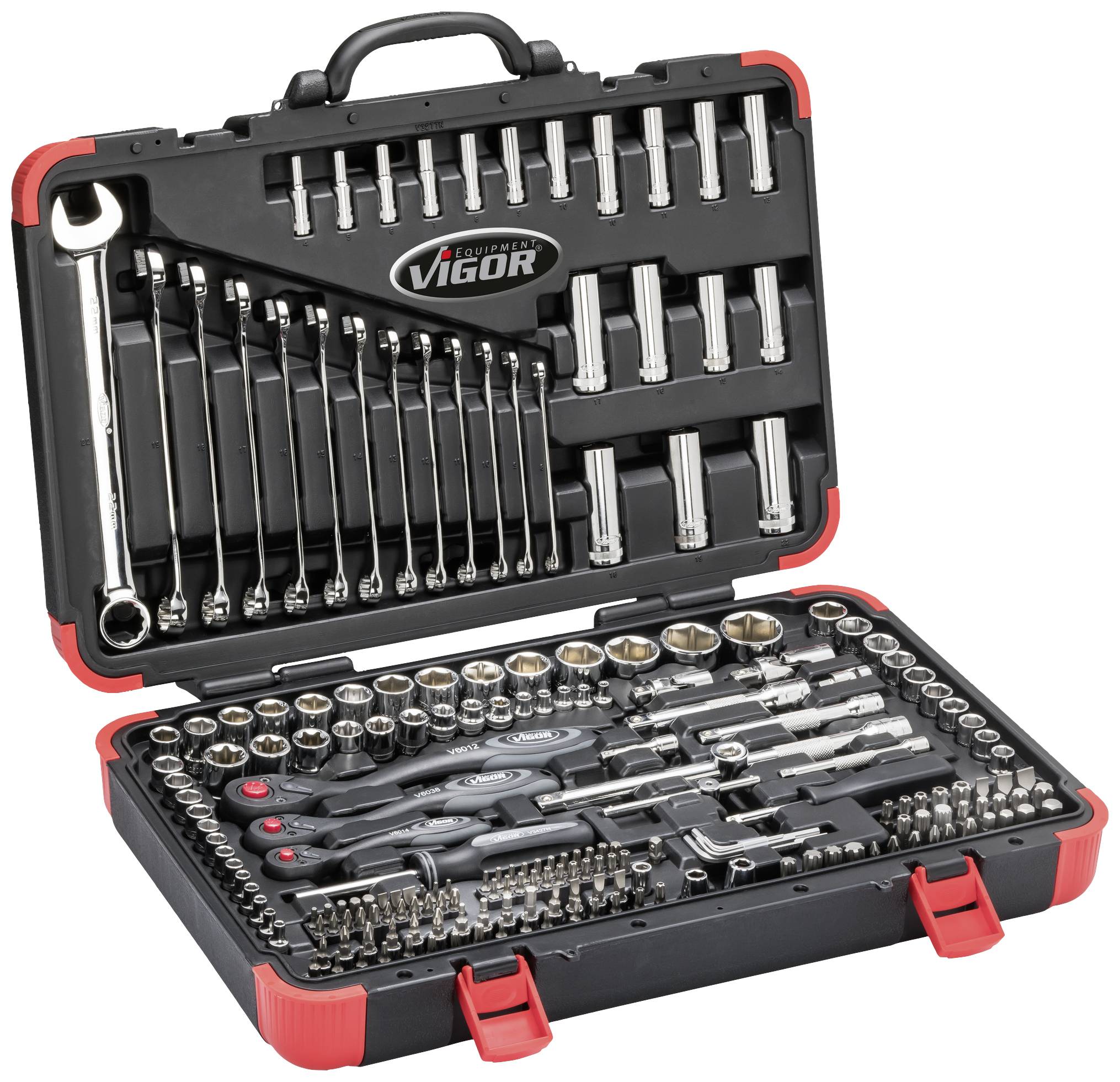 Vigor tool case with various sockets, spanners, and ratchets in an open view.