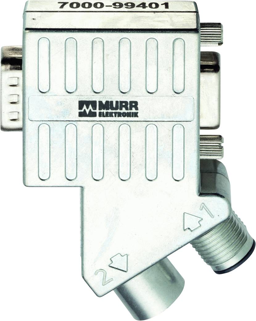 A silver electrical connector from Murr Elektronik, marked '7000-99401', shows two cable connections.