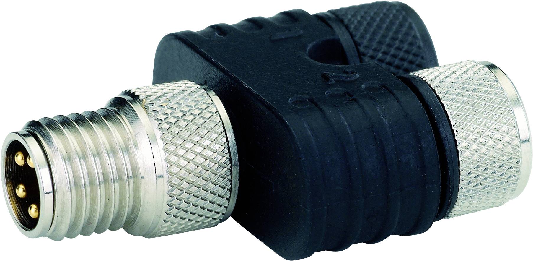 'M12 Right-Angle Connector' with metal thread and black plastic housing. Used for connection in industrial applications.