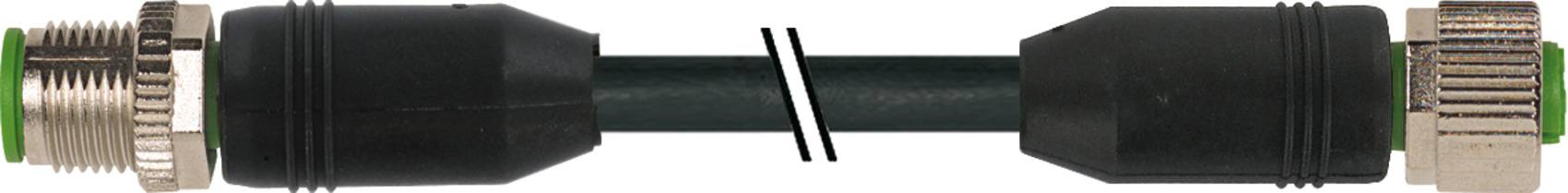 Black plastic connector with metal threads at both ends, connected by a black cable in the middle.