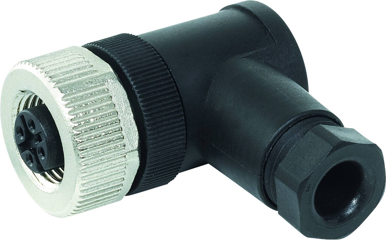 Image of a black rectangular connector with metal threading used in industrial applications.