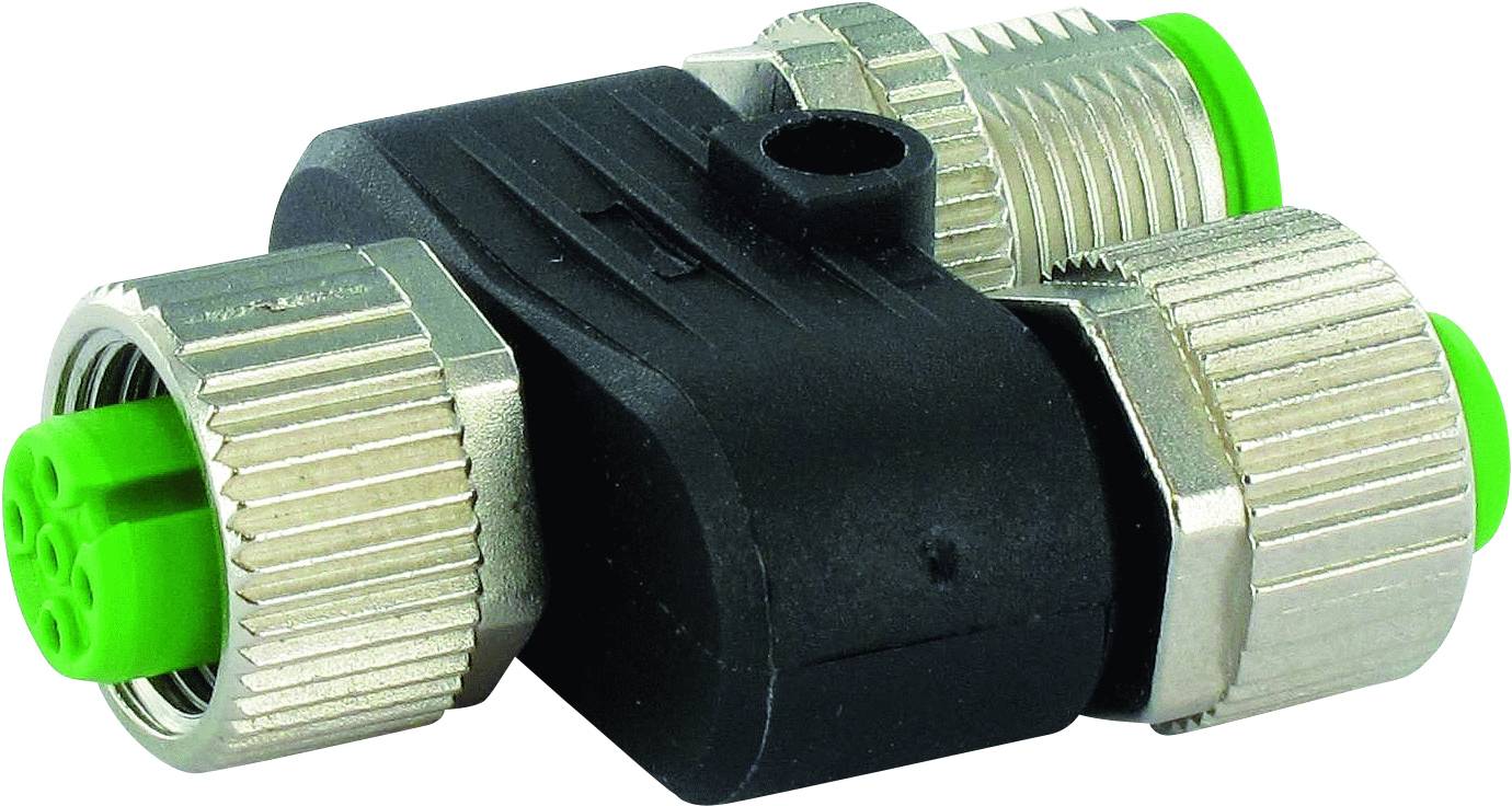 Electrical T-type connector with metal housing and three green terminals, suitable for industrial applications.